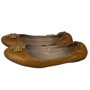 Tory Burch MELINDA Large LOGO Ballet Flats in Royal Tan/ Gold in 7.5